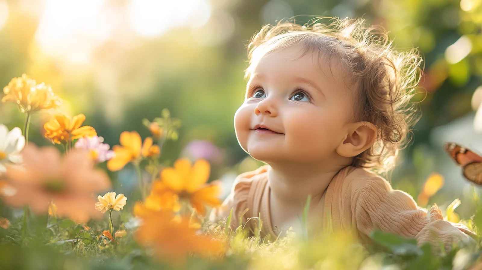 Baby in der Blumenwiese Baby liegt staunend in einer sonnigen Blumenwiese